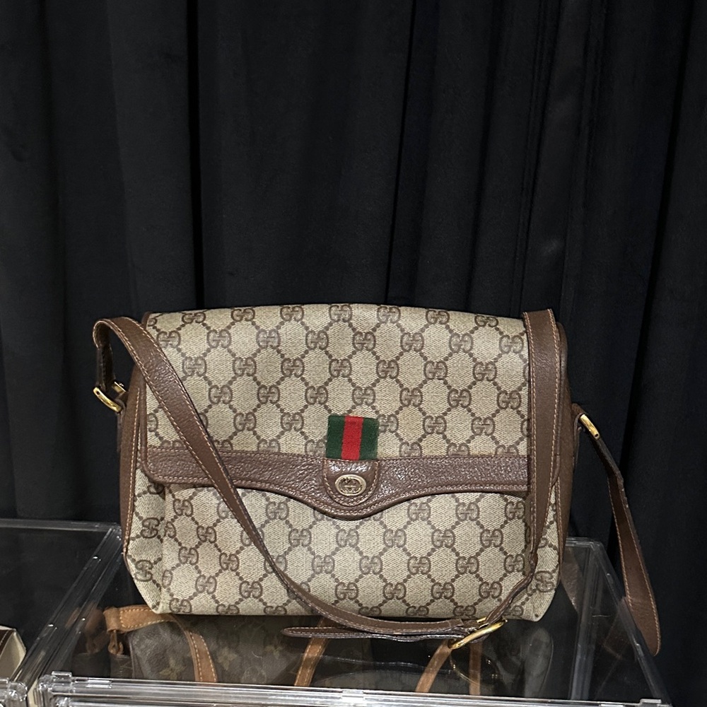 Gucci Beige GG Canvas Crossbody with Brown Trim and Green-Red Web